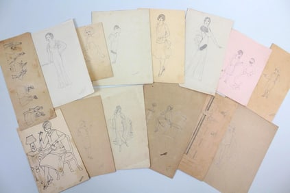 Lot of 14 Signed Outsider Art Drawings, 1920s Flappers Women, Verna Wilkes
