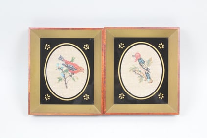 Pair of Miniature Framed Needlepoint of Birds