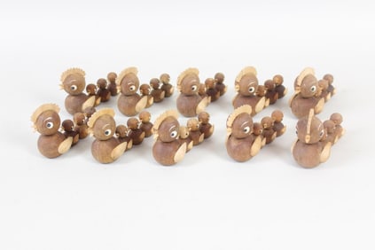 Mid-Century Modern Lot of 10 Tiny Teak Wood Chicken Figurers
