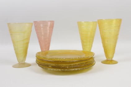 Set of 9 Blown Glass Cups & Plates, Pink Yellow