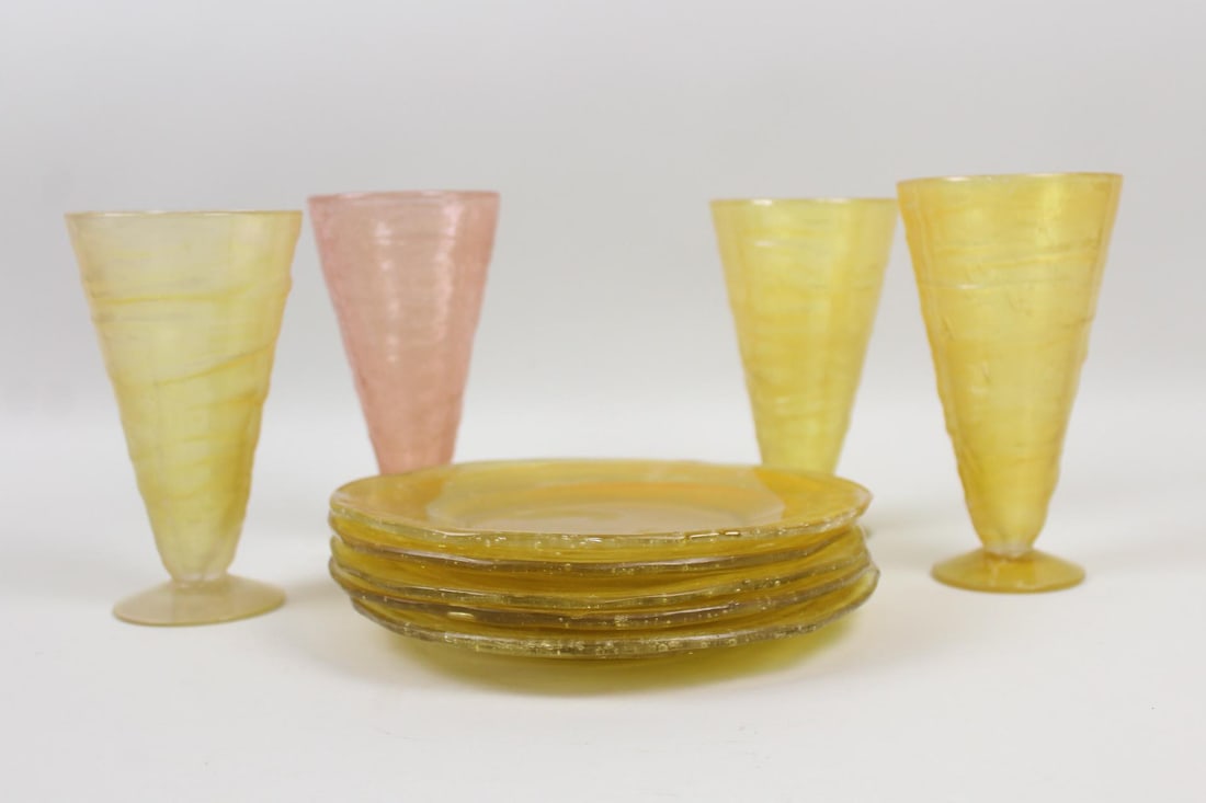 Set of 9 Blown Glass Cups & Plates, Pink Yellow (1 of 9)