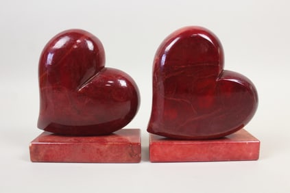 Pair of Ducceschi Carved Red Alabaster Heart Bookends