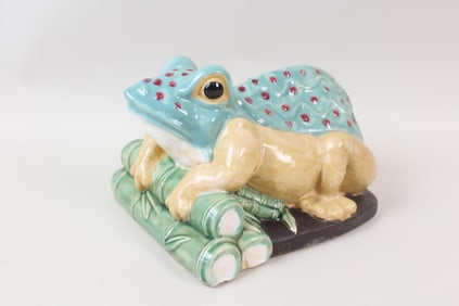 Large Painted Ceramic Frog with Bamboo Sculpture