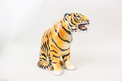 Italian Painted Ceramic Roaring Tiger Cat Sculpture