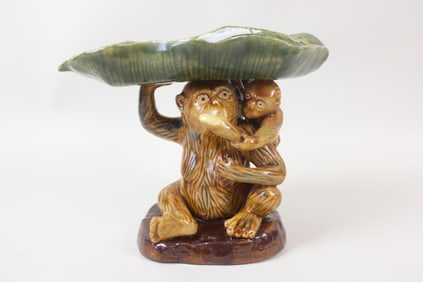Majolica Ceramic Monkey with Baby & Banana Leaf Tray