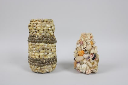 Pair Small Folk Art Glass Memory Jugs Adorned with Sea Shells