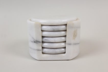 Set of 6 White Marble Coasters in Holder