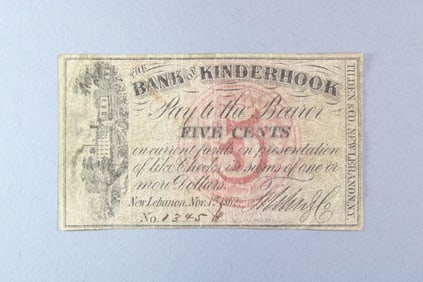 Kinderhook Bank 5 Cent Note, 1862 New Lebanon NY