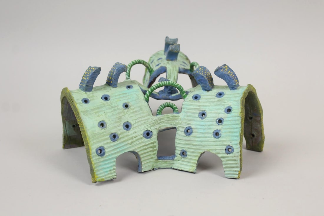 Abstract Clay Sculpture, 3-Way Dome, Green & Blue: Abstract Clay Sculpture, 3-Way Dome Glazed in Green & Blue. This handmade piece has 3 tunnel shapes connected with an open center, cut-out shapes from the frame, and perforated holes. By artist B. Bec