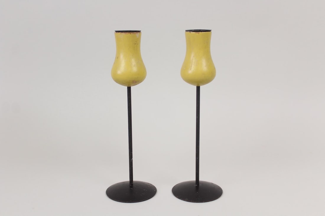 Pair of Danish Modern Laurids Lonborg Tulip Candlesticks: Pair of Danish Mid-Century Modern Laurids Lonborg Yellow Tulip Candlesticks. Matching pair of Scandinavian candlesticks made of yellow painted wood and metal. WithLaurids Lonborg Denmarklabels on unde