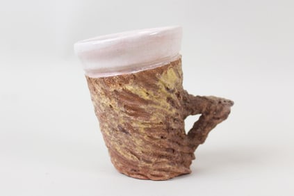 Abstract Angled Pink & Faux Bois Pottery Mug, Signed