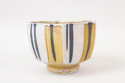 Signed Hexagonal Striped Ceramic Asian Pottery Bowl, Jeff Oestreich