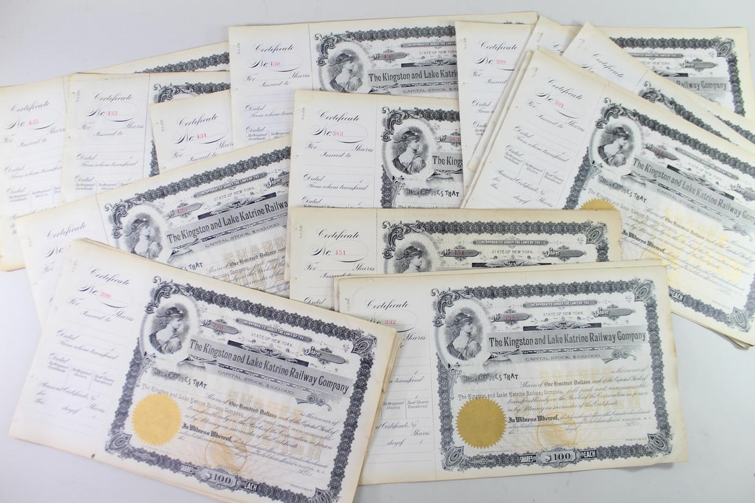 36 Kingston & Lake Katrine Railway Co $100 Stocks (1 of 15)