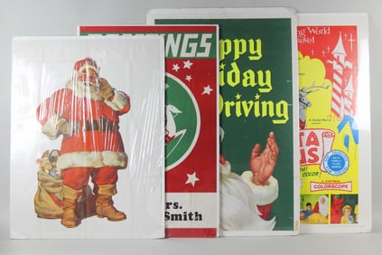 4 Mid-Century Christmas Santa Signs, Advertisement Posters & Decorations