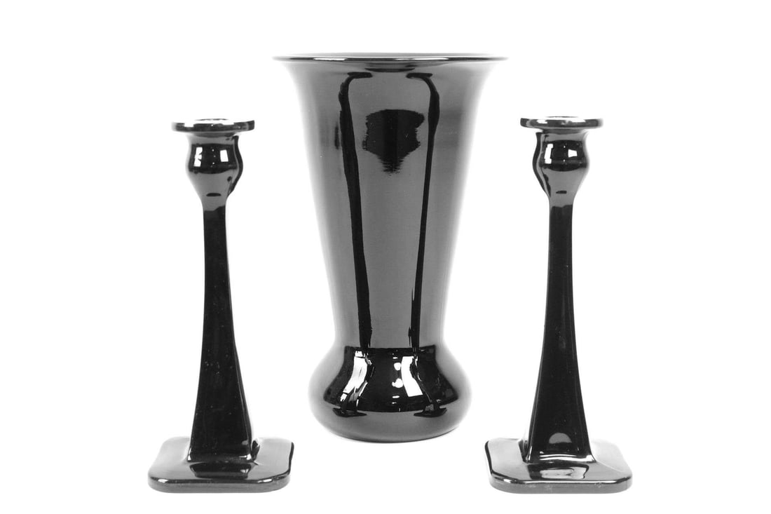 Lot of 3 Depression Era Black Amethyst Glass, Vase & Candlesticks, Paden City (1 of 10)