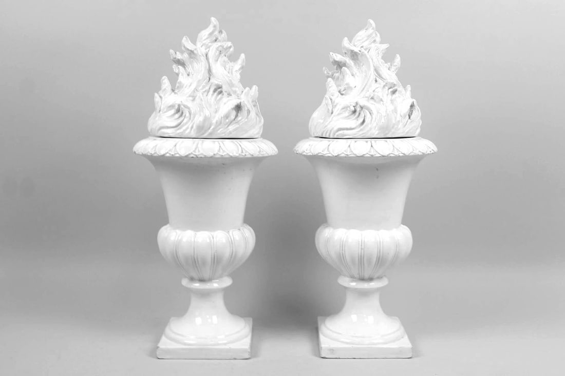 Pair of Italian White Ceramic Flame Urns, Henri Bendel (1 of 13)