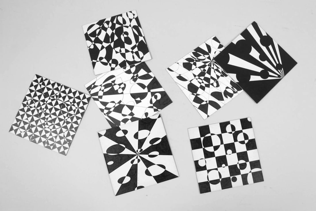 Lot of 7 Small Abstract Op Art Drawings, Vasarely Style (1 of 14)