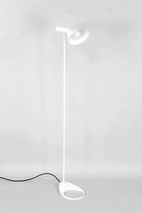 Arne Jacobsen "AJ" Floor Lamp for Louis Poulsen: Postmodern Arne Jacobsen "AJ" Floor Lamp for Louis Poulsen. This minimalist metal light has a loop base and simple straight rod body with adjustable angled spotlight shade. Marked as Louis Poulsen, "A