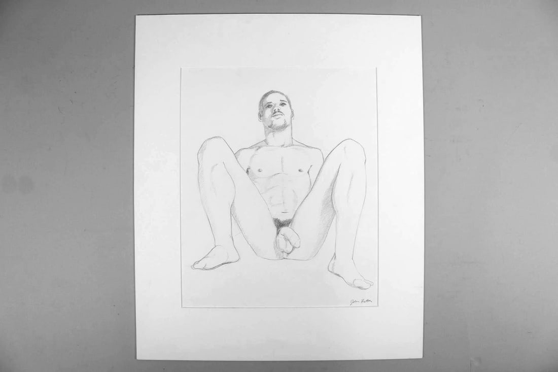 John Button Graphite Drawing of Nude Male for ACT UP, Gay Interest: John Button Graphite Drawing of Nude Male for ACT UP, Gay Interest. Graphite nude figure drawing on paper is signed lower right by the artist John Button (American 1929-1982.) Purchased through a 1990