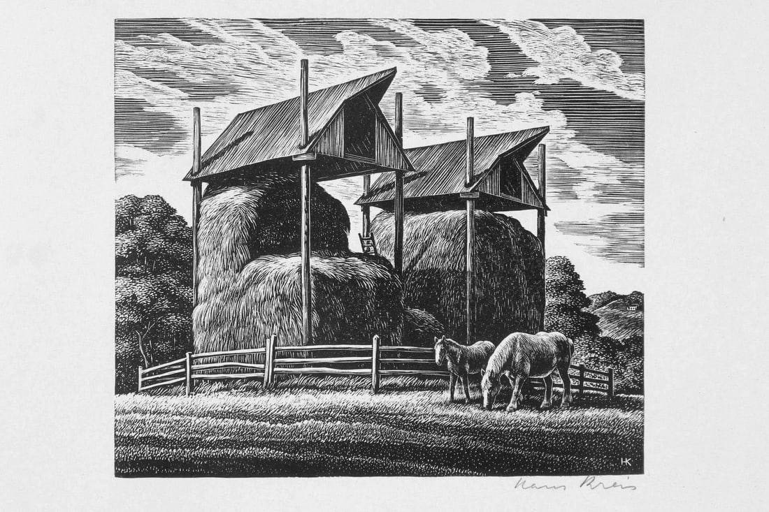 Wpa Style Etching Of Hay Racks & Horses Auction