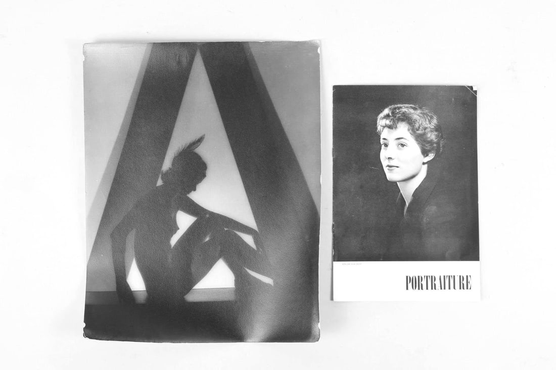 30's Silhouette Photograph & Portraiture Pamphlet, Atelier von Behr: Silhouette Photograph & Portraiture Pamphlet, H.A. von Behr. This lot includes a large printed photo of a nude woman in shadow with feather in her hair, and a small booklet with essay by Hans A. von B