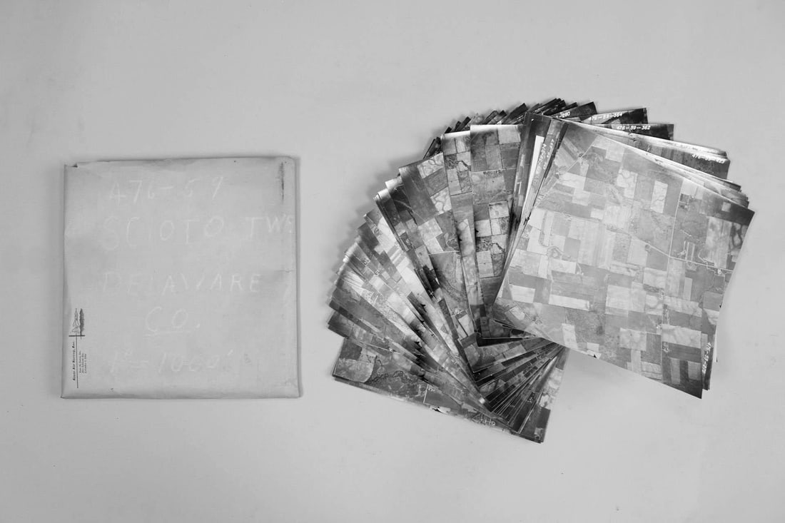 Lot of 53 Black & White Aerial Photographs, Scioto Delaware Ohio: Lot of 53 Black & White Aerial Photographs, Scioto Delaware Ohio. These geographical survey photos show overhead bird's eye views of patchwork farmland and fields, believed to be Scioto Township in De