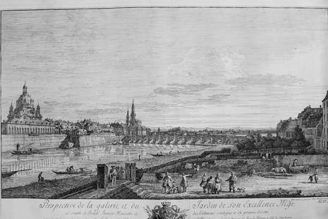 Antique Engraving of "Perspective de la galerie et du Jardin" by Bernardo Bellotto, 1747: Very Large Engraving of "Perspective de la galerie et du Jardin de son Excellence Monseigneur le Comte de Bruhl" by Bernardo Bellotto. Architectural engraving by Bernardo Bellotto (Italian, 1722-1780)