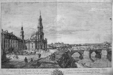 Antique Engraving, "Perspective de la Facade de la Roiale" Church, Bernardo Bellotto, 1748: Very Large Engraving, "Perspective de la Facade de la Roiale" Church, Bernardo Bellotto, 1748. Architectural engraving of a Catholic church by Bernardo Bellotto (Italian, 1722-1780) with the title or