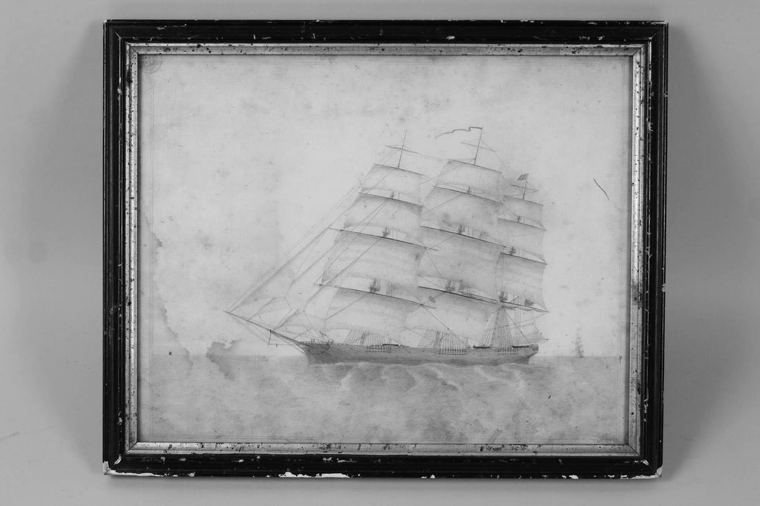 19th C. Sailing Clipper Ship Pencil Drawing: Framed Folk Art 19th century Sailing Clipper Ship Drawing. This nautical maritime sketch in what appears to be graphite pencil depicts a ship with three masts and sails, on the water with silhouettes