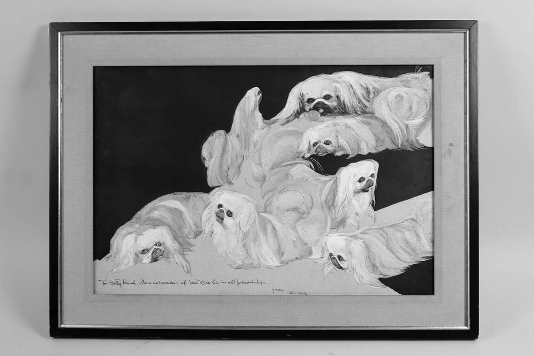 Watercolor Painting of Pekingese Dogs, 1969: Watercolor Painting of Award Winning Pekingese Dogs, Signed 1969. Watercolor and gouache painting on paper with several views of a Pekingese dog, inscribed by the artist "Joan" in the lower margin and