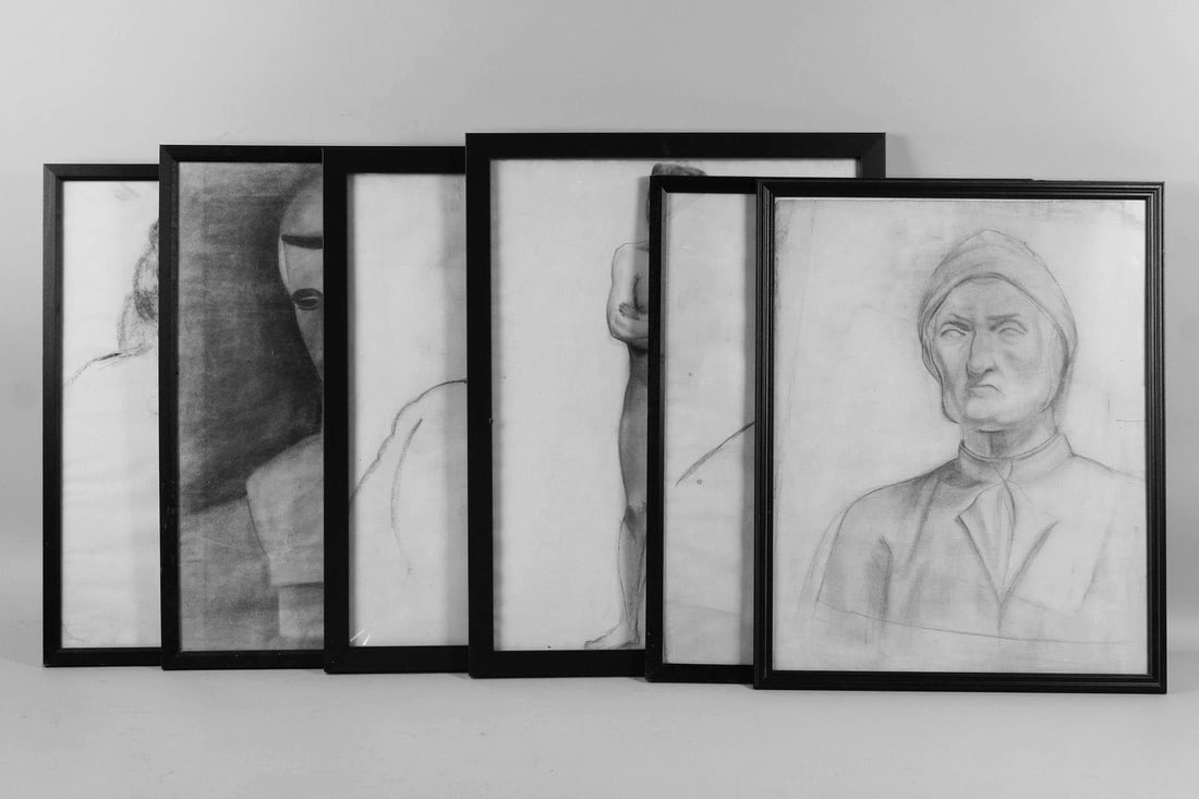 5 Framed Charcoal Drawings, Portraits & Male Nude: Lot of 5 Large Charcoal Drawings, Portraits & Male Nude. Five charcoal drawings on paper, depicting a nude male, portraits and sculptures. Two are signed Colgan, another Brenner. All in black wood fra