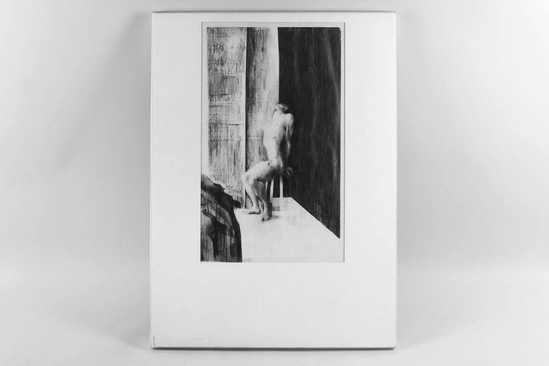 Framed Graphite Drawing of a Nude Male, Signed: Framed Graphite Drawing of a Nude Male, Signed. Drawing of a seated nude male arching his back, signed Hearnden lower left. In a plexiglass and wood frame. Dimensions are 30.75 in h x 20.5 in w x 1.25