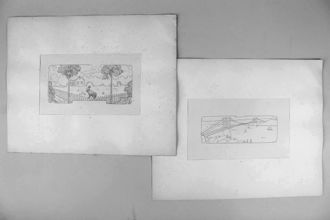 Set of 23 Drawings in Portfolio Box by Lorentz Kleiser: Set of 23 Drawings in Portfolio Box by Lorentz Kleiser. This collection of mounted illustrations appears to be numbered for a series or insertion in a book of stories, depicting detailed grayscale sce