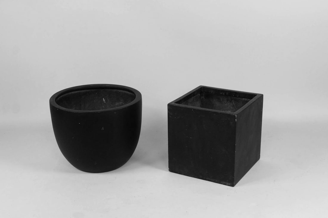 Lot of 2 Black Fiberglass Garden Planters, Round & Cube (1 of 9)