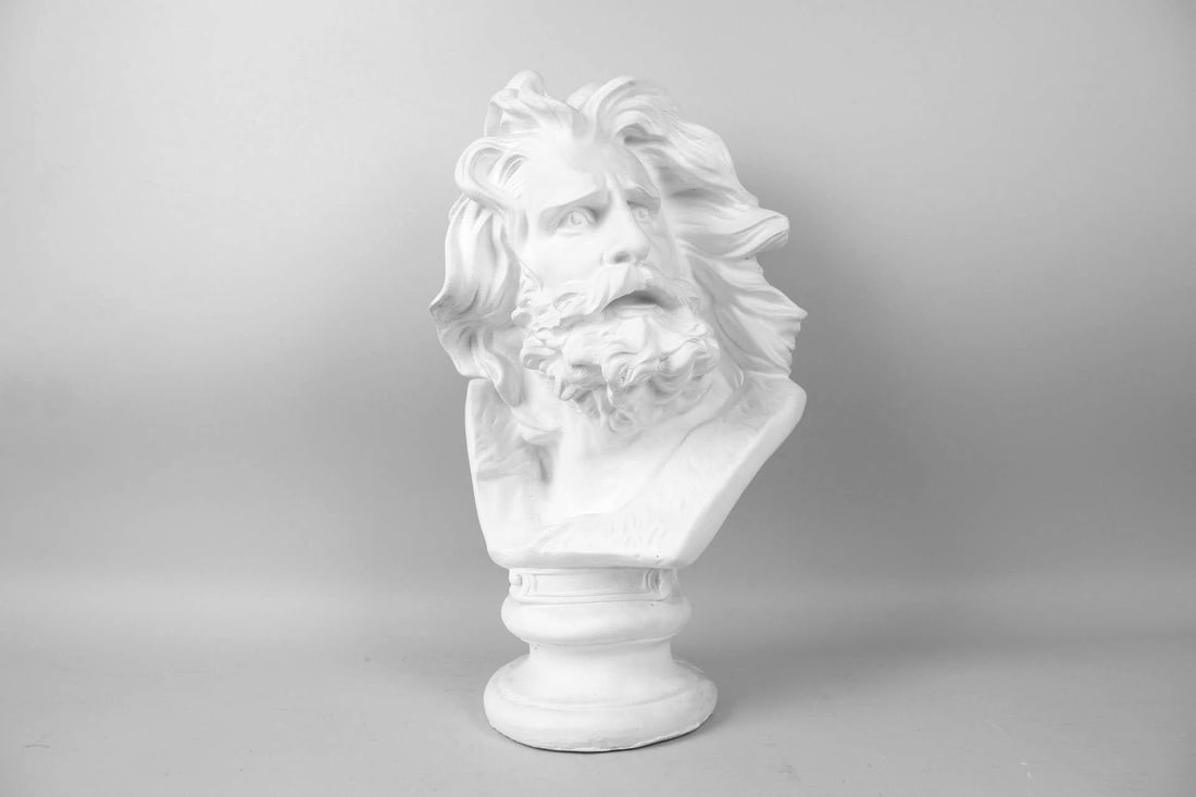 Plaster Bust of 'Old Gaul' Marseille Man, After Francois Rude: Plaster Bust of 'Old Gaul' Marseille Man, After Francois Rude. This white statue of a bearded man with wind swept hair and look of despair or terror on his face is mounted on a short pedestal base, af