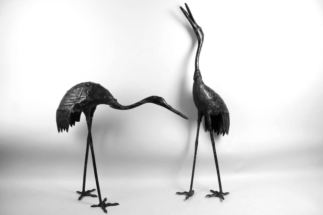 Pair of Lifesize Cast Iron Crane Bird Garden Statues (1 of 16)