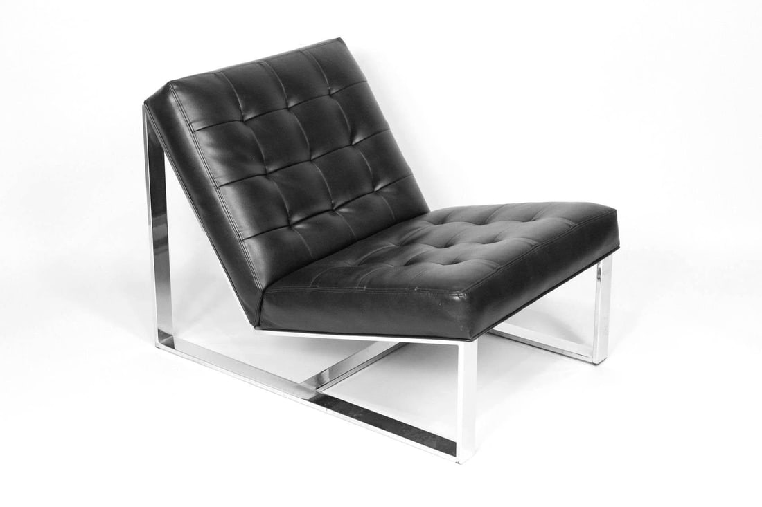 Milo Baughman 'EZ Rider' Armless Black Leather Lounge Chair (1 of 13)
