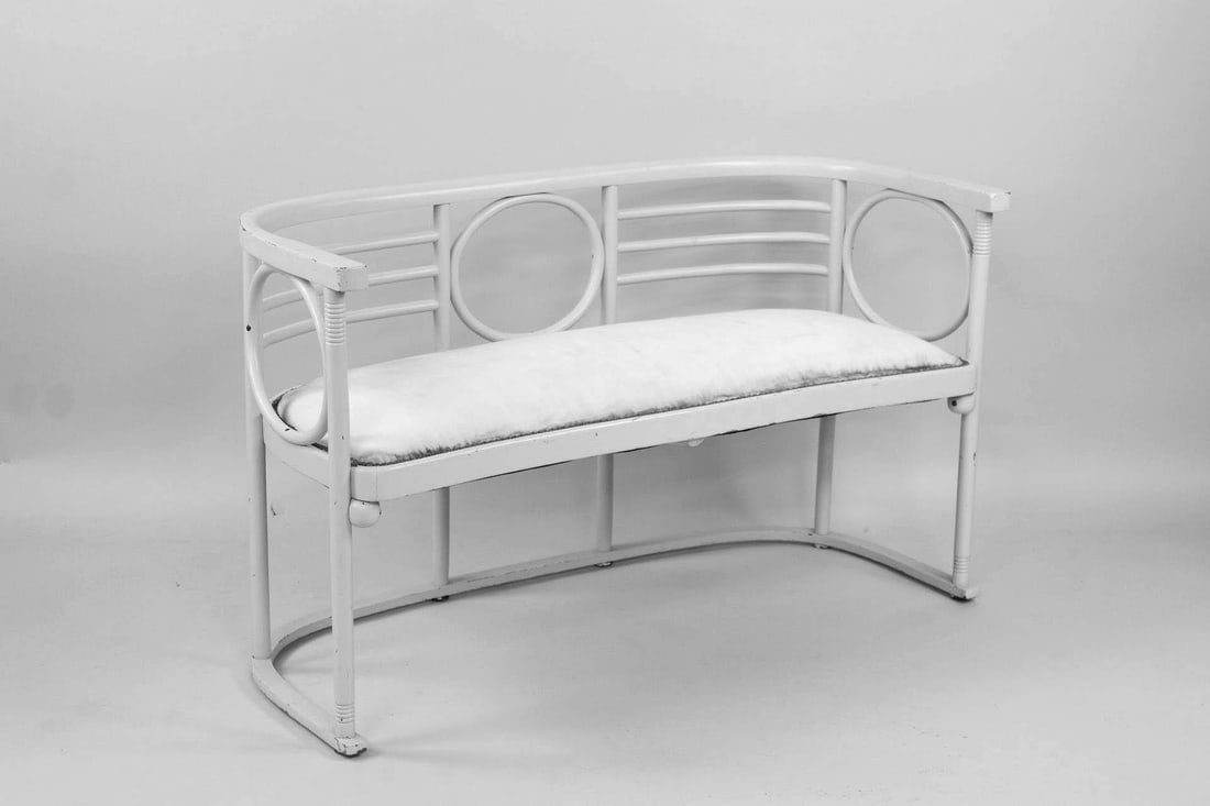 Josef Hoffman Art Deco Bentwood Settee: Josef Hoffman Art Deco Bentwood Settee Bench. Light gray painted settee bench with bentwood frame and studded edges to its canvas upholstered seat. Design by Josef Hoffman, with no maker's marks. Dime