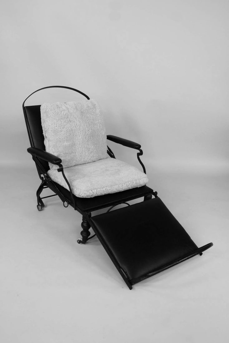 Antique Black Iron & Leather Campaign Chaise Lounge Chair (1 of 15)