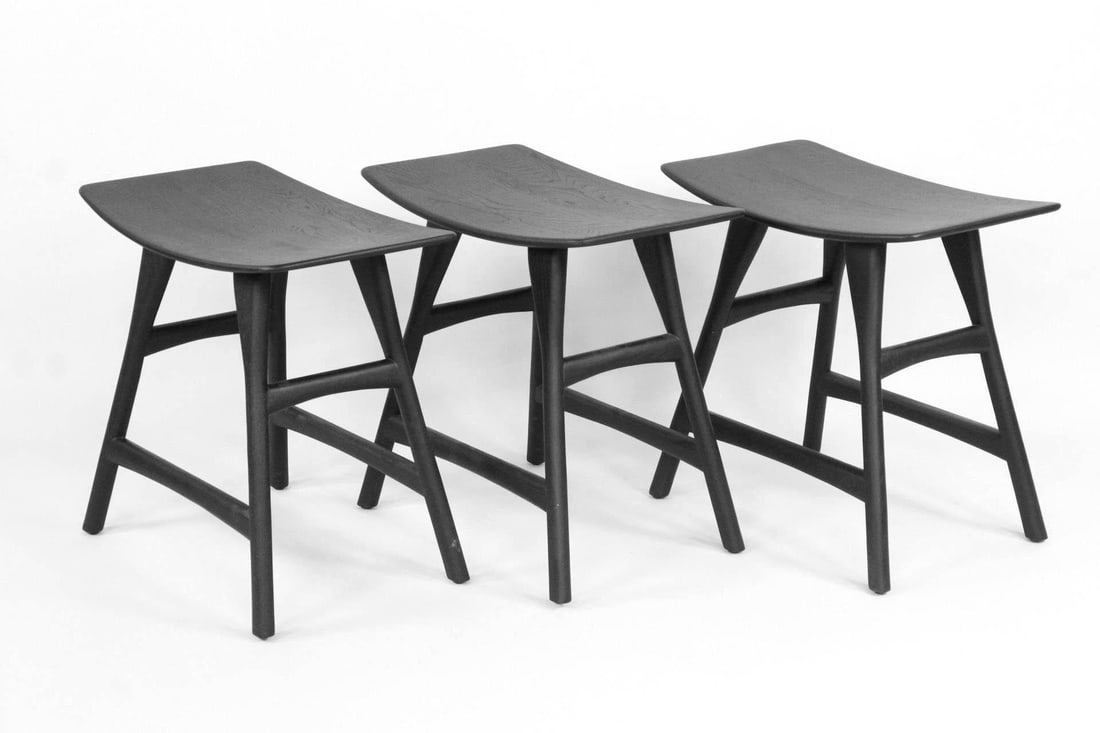 Set of 3 Black Painted 'Osso' Oak Stools, Ethnicraft (1 of 9)