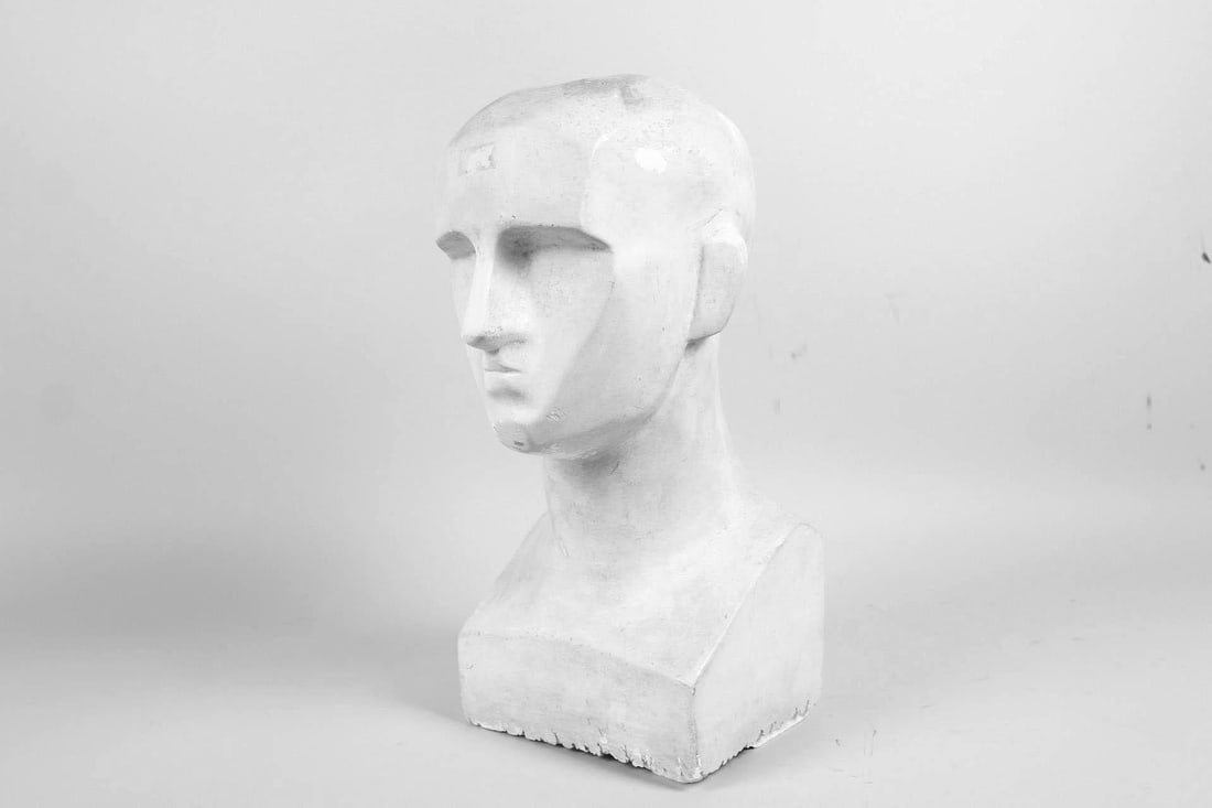 Bridgman Blockhead' Plaster Artist's Model Bust: Minimalist 'Bridgman Blockhead' Plaster Artist's Model. Indistinctly signed on the back. Dimensions are 16.5 in h x 7.5 in w x 6 in d. Condition is good with some discoloration, paint loss and wear to
