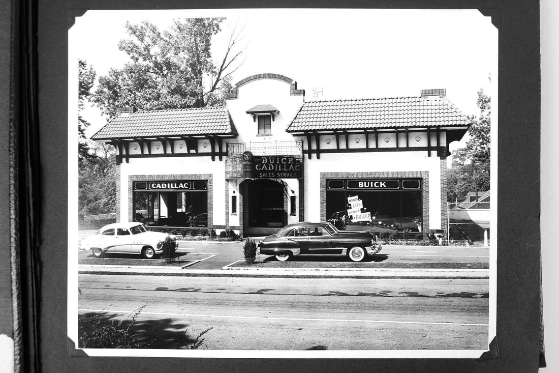 50's Photo Album of McCall & Rizzuto Car Dealership, Bucik & Cadillac, Tarrytown, NY: 50's Photo Album of McCall & Rizzuto Car Dealership, Bucik & Cadillac, Tarrytown, NY, New York. String lace tied hardcover photo album containing black and white photographs of an upstate New York car