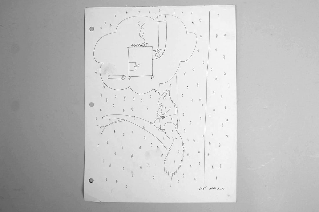 Original Ed Arno New Yorker Cartoon Drawing, Squirrel in Rain (1 of 9)