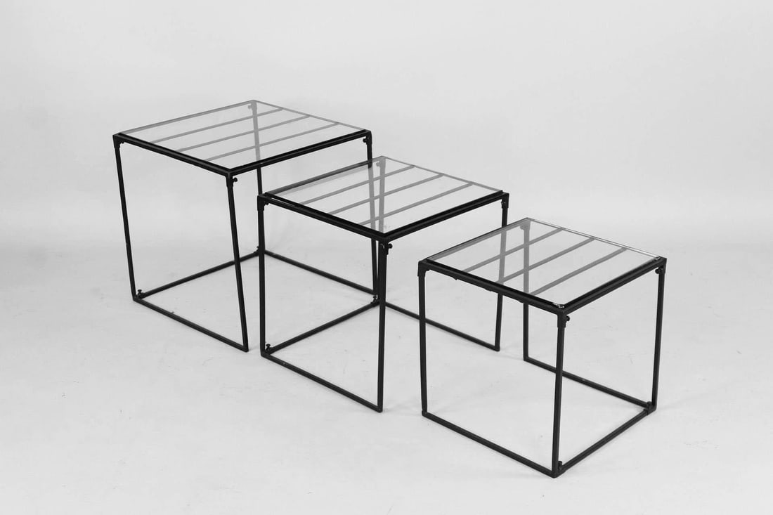 Set of 3 Postmodern Cubism Nesting Metal & Glass Side Tables (1 of 9)