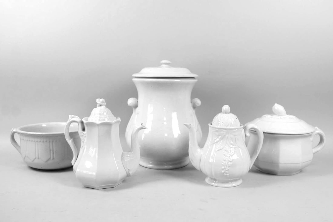 Lot of 5 Ironstone Pieces, Anthony Shaw & T.R. Boote: Lot of 5 Ironstone Serveware Pieces, Anthony Shaw & T.R. Boote. This collection of antique tea and coffee service includes pitchers, a bowl and creamer dish, and a tall jar with lid in white glaze wit