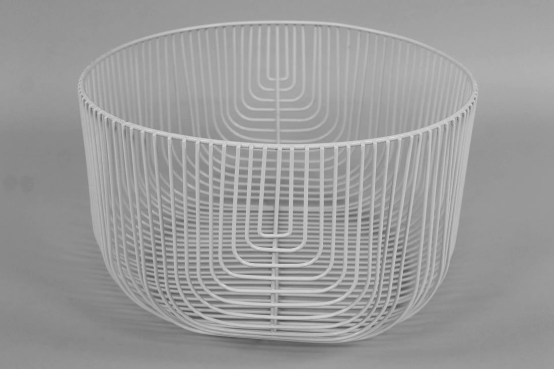 White Metal 'Bend Basket' by Gaurav Nanda, Bend Goods: White Metal 'Bend Basket' by Gaurav Nanda, Bend Goods. This contemporary wire metal container for magazines, blankets, or other storage items has bent rods and a flat bottom, with circular top opening