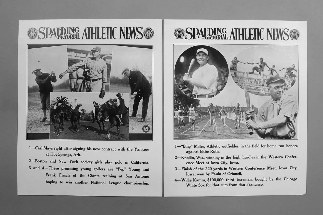 Lot of 2 Original Spalding Posters; Baseball Stars, Golf & Track: Lot of 2 Original Spalding Poster Signs; Baseball, Golf & Track. Spalding Pictorial Athletic News posters published by A.G Spalding & Bros, featuring Carl Mays, Bing Miller, Willie King and more. This
