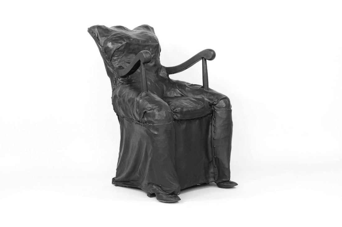 Francoise Fineman Modernist Sculpture, Female Body Chair, 1 of 7: Francoise Fineman Modernist Sculpture, Female Body Chair, 1 of 7. This wood and fiberglass lifelike artwork has a clothed woman's torso and legs joined to a wooden armchair with boots showing from und