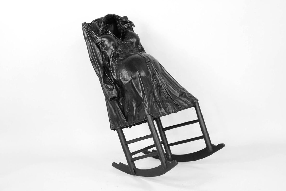 Francoise Fineman Modernist Sculpture, Pregnant Woman on Rocking Chair, 5 of 7: Francoise Fineman Modernist Sculpture, Pregnant Woman on Rocking Chair, 5 of 7. This wood and fiberglass lifelike artwork of a frozen moment has a clothed seated female figure in a shirt dress on a ro