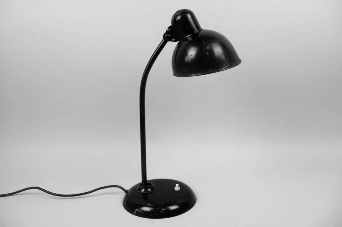 Kaiser Mid Century Modern Industrial Lamp, Christian Dell: Kaiser Mid Century Modern Industrial Lamp, Christian Dell. This black lamp is clearly marked Kaiser, possibly designed by Christian Dell. Dimensions are 18 in h x 7.5 in w x 7.5 in d. Condition is goo